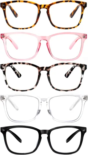 Paquete de 5 lentes de lectura con bloqueo de luz azul, lectores de bisagra de resorte para mujeres y hombres, anteojos nerd con filtro anti rayos