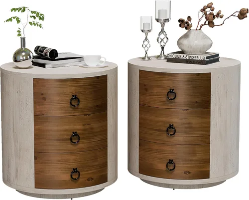 Miniatura 21 de SUNBURY Juego de 2 mesitas de noche vintage, mesa de noche pequeña de madera con cajón y estante abierto, mesa auxiliar de acento shabby para sala