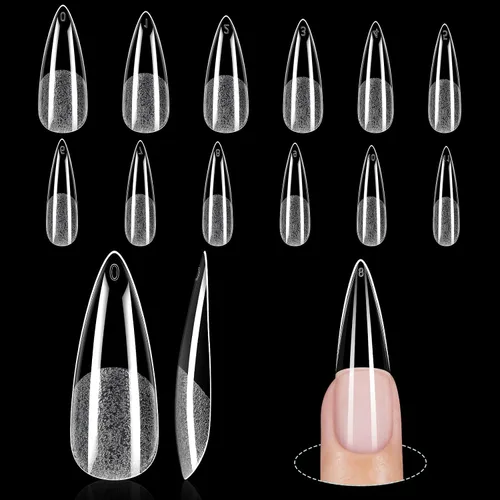 Miniatura 13 de TOMICCA Puntas de uñas de almendra extra cortas, 192 unidades, 12 tamaños, puntas de uñas cortas de cobertura completa, uñas acrílicas transparentes