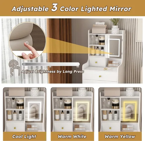 Miniatura 3 de Runboll - Mesa de Tocador Compacta con Taburete de Almacenamiento y Espejo Iluminado Ajustable, Escritorio de Maquillaje Pequeño 3-en-1 con 4