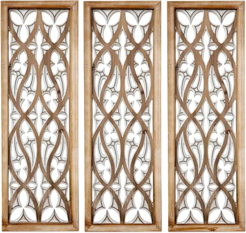 XIAOAIKA Arte de pared de madera bohemia tallada a mano, paneles decorativos de pared grandes, escultura de madera envejecida antigua, elegante