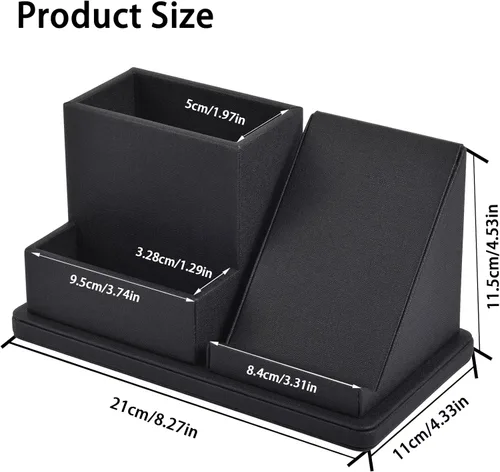 Miniatura 7 de Organizador de escritorio de piel sintética para bolígrafos/lápices, caja de almacenamiento multifunción para teléfono celular/control remoto con 3