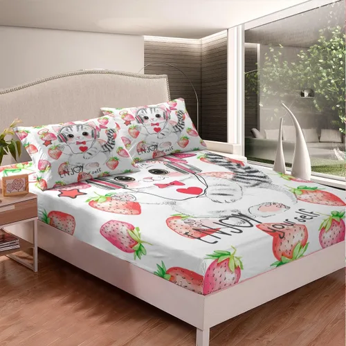Miniatura 4 de Erosebridal Lindas sábanas de gato Kawaii fresa tamaño individual para niñas, diseño de arcoíris de dibujos animados, juegos de sábanas y fundas