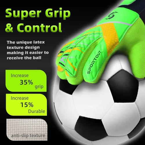 Miniatura 2 de Sportout Guantes de portero para niños, guantes de fútbol con doble protección en la muñeca y material de látex resistente al desgaste y Verde