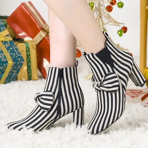 Miniatura 2 de Allegra K Botines de tacón grueso a rayas con cremallera y punta puntiaguda para mujer