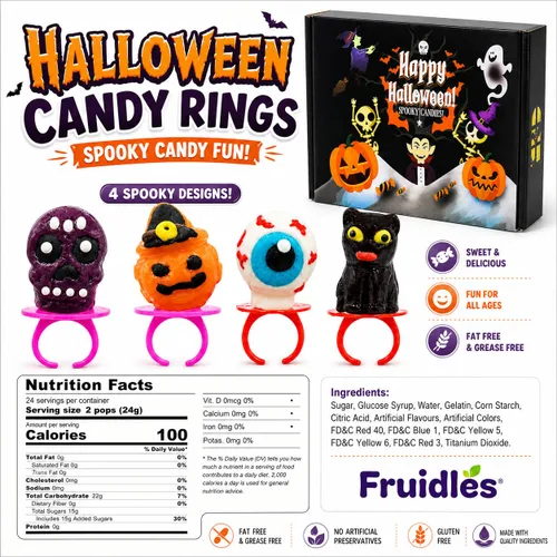 Miniatura 2 de Fruidles 12 anillos de dulces de Halloween, caramelos duros, envueltos individualmente (paquete de 12)
