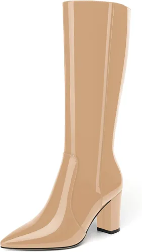 Miniatura 64 de AMBELIGHT Botas altas hasta la rodilla con cremallera y puntera puntiaguda para mujer, de patente sólida, tacón alto, 3.3 pulgadas