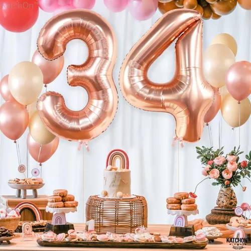 Miniatura 7 de Katchon, Globos gigantes de oro rosa con el número 34, 40 pulgadas, decoraciones de cumpleaños número 34 para mujer, globos de oro rosa del número