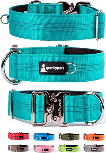 Miniatura 12 de SparklyPets Collar de perro ancho de servicio pesado con hebilla cromada de liberación rápida, collar táctico grueso para perro con rayas Azul