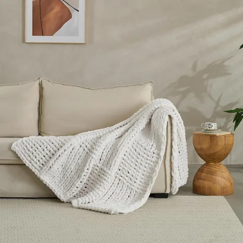 Miniatura 3 de Manta de punto grueso de 50 x 60 pulgadas, hecha a mano, acogedora y ligera para todas las estaciones, poliéster resistente a las arrugas, para Beige