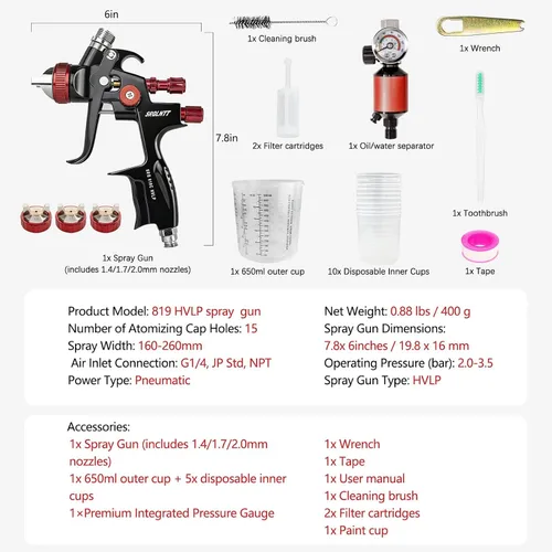 Miniatura 8 de 819 HVLP - Kit de pistola de pulverización de aire con boquillas de 1.4/1.7/0.079 in, pistola de pintura incluye 10 tazas de mezcla de 22.0 fl oz