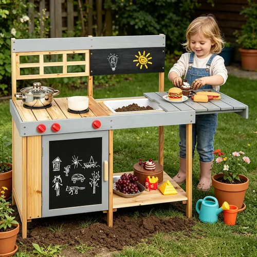 Miniatura 11 de HONEY JOY Cocina de barro, cocina de madera de abeto para niños, mesa de barro, agua corriente, fregadero extraíble, juego de cocina para niños al