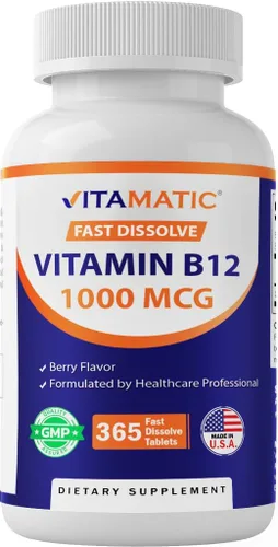 Miniatura 11 de Vitamatic Vitamina B12 1000 mcg Comprimidos de disolución rápida – Sabor natural a bayas – 365 tabletas por botella - 2 botellas – Apoya