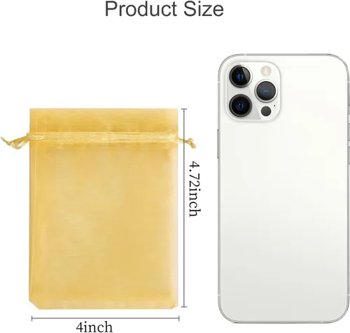Miniatura 2 de Hopttreely 100 bolsas de organza, doradas, de 4''x4.72''(10x12cm), de satén, con cordón, bolsa de organza para boda, fiesta, regalo, bolsa de Dorado