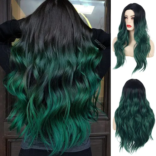 Peluca larga y rizada ondulada, color negro y verde, peluca sintética natural con raya en medio para cosplay, pelucas de pelo para mujeres