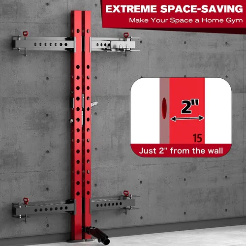 Miniatura 4 de MU 5.08 cm x 5.08 cm Estante Plegable para Sentadillas, Estante de Potencia Montado en Pared de 499KG con Barra Ajustable para Flexiones, Ganchos