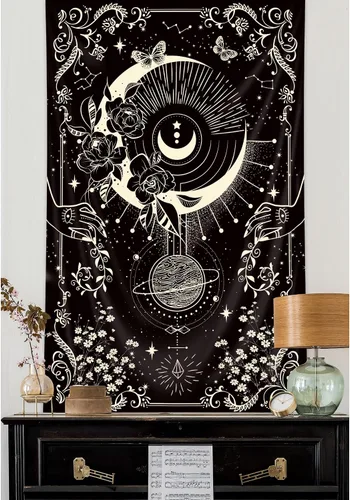 Miniatura 11 de Riyidecor Tapiz vertical de mujer misteriosa de fase lunar, bohemio, pequeño, gótico, para colgar en la pared, plantas florales, hojas estrelladas