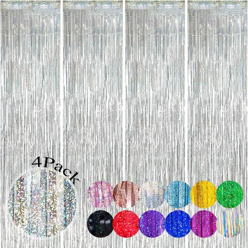 Miniatura 7 de Paquete de 4 cortinas de flecos plateados de 12.8 x 8.2 pies, cortinas de flecos de oropel metálico brillante, cortina de fondo de oropel plateado