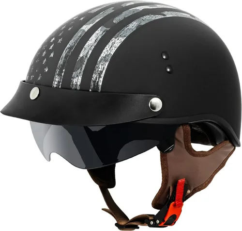 VCAN Cruiser - Casco de motocicleta de media cara con visera abatible, pico extraíble y hebilla de liberación rápida Bandera plana de ceniza negra