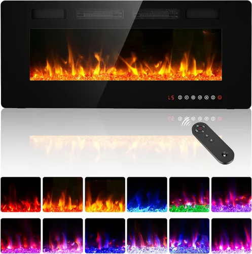 BREEZEHEAT Inserto de chimenea eléctrica ultrafino de 42 pulgadas, certificado ETL, empotrado/montaje en pared, llama 3D con cristal, control remoto