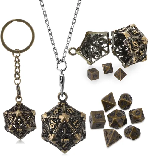 Syhood Juego de dados pequeños, 7 piezas de dados pequeños de metal hueco D20, estuche para collar, llavero, juegos de mesa para juegos de rol,