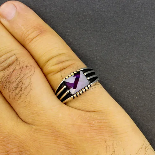 Miniatura 3 de Anillo de lujo de plata de ley 925 sólida para hombre con piedra de amatista simulada púrpura transparente facetada, Metal Metal Piedra, Amatista
