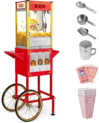 Máquina de palomitas de maíz ROVSUN estilo cine con carrito y ruedas, hervidor de 8 onzas, hace hasta 32 tazas de palomitas, con dispensadores de