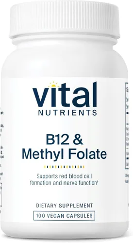 Vital Nutrients Vitamina B12 y folato de metilo - Suplemento vegano de folato metilado y B12 - 5-MTHF Plus B12 apoya el sistema nervioso y el