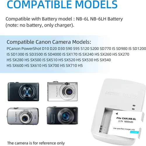 Miniatura 2 de Cargador de batería NB-6L NB-6LH CB-2LY compatible con Canon PowerShot SX540 HS, SX530 HS, SX520 HS, SX510 HS, SX500 HS, SX170 is, SX700 HS, SX710