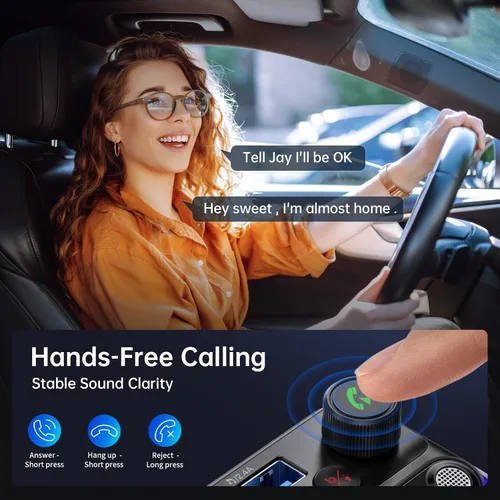Miniatura 7 de Syncwire Bluetooth 5.4 Transmisor FM Adaptador para Coche 42W [Interruptor de Luz] [Micrófono Dual Más Potente] [Sonido de Graves HiFi]