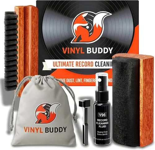 Vinyl Buddy Kit de limpieza definitivo de discos de vinilo de 5 piezas | Incluye: limpiador de discos - Cepillo de terciopelo, microfibra y lápiz