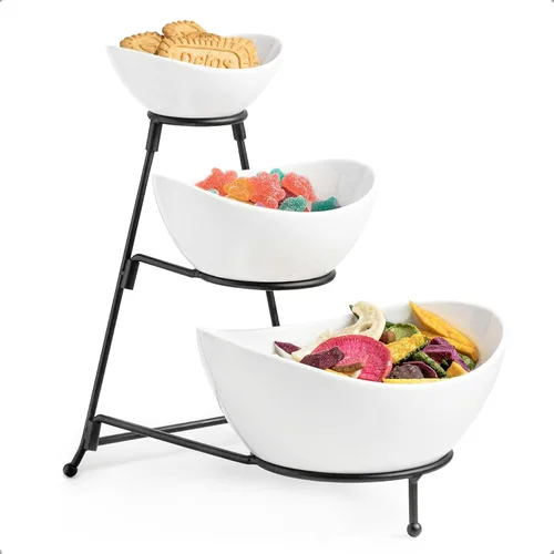 Miamolo Tazones de Servir de 3 Niveles con Soporte, Platos para Servir Chips y Conjunto de Servir Dip para Fiestas de Entretenimiento, Cuenco de