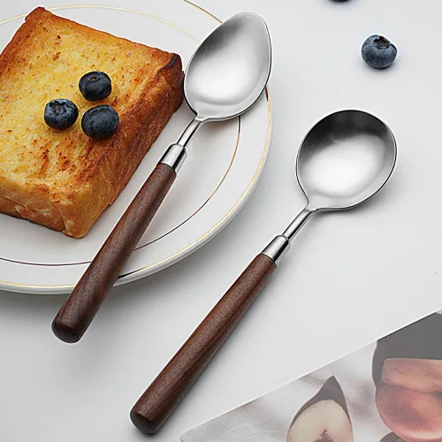 Miniatura 5 de Juego de cubiertos para 4, 16 piezas de cubiertos de acero inoxidable con mango de madera, incluye cuchillo para carne, tenedor y cuchara, juego