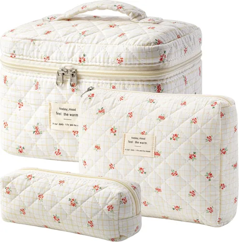 Miniatura 20 de HBselect Bolsa de maquillaje acolchada, 3 piezas de algodón grande, bolsa de maquillaje de viaje, bonita bolsa de maquillaje floral de coqueta
