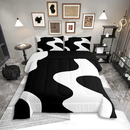 Miniatura 22 de Erosebridal Edredón Cuadrado para Niños y Niñas, Juego de Ropa de Cama Negro y Gris Blanco Azul Marino, Juego de Edredón Geométrico Completo