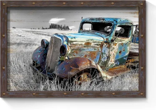 Miniatura 8 de SunFlax Arte de Lienzo de Pared de Carro Oxidado: Obra de Arte de Camión Azul Viejo Cuadro Rústico de Automóvil Pintura Vintage de Campo Antigua