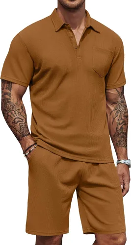 Miniatura 6 de COOFANDY Conjunto de camisa polo y pantalones cortos de punto gofre para hombre, conjunto de 2 piezas, traje de verano casual con bolsillos