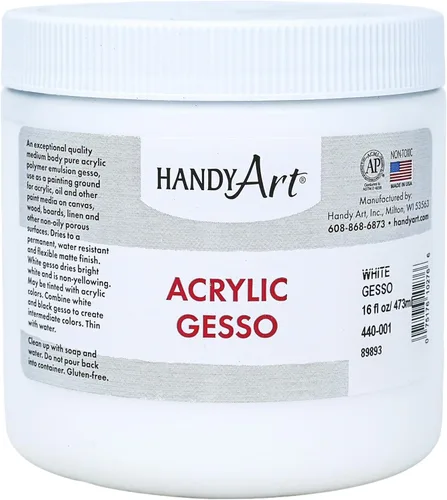 Handy Art Gesso acrílico, 16 onzas, blanco, imprimación para lienzo, madera y superficies de pintura de artistas, mejora la adherencia de la pintura