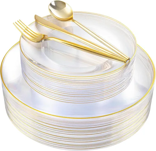 Miniatura 13 de I00000 150 PIEZAS Platos Desechables Dorados Cubiertos, Juego de Vajilla con Purpurina Dorada Incluye 25 Platos de Cena 10.25'', 25 Platos de Postre