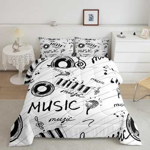 Juego de edredón con temática musical, edredón de notas musicales en blanco y negro para niños y niñas, juego de ropa de cama musical para