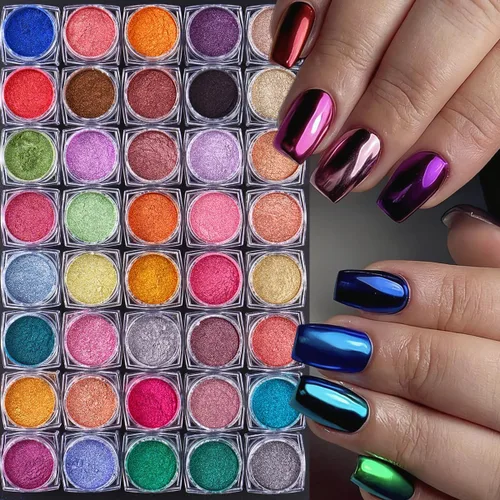 Miniatura 2 de Juego de polvos de uñas cromados de espejo metálico de 40 colores, pigmento de espejo metálico profesional con brillo holográfico, incluye tonos oro