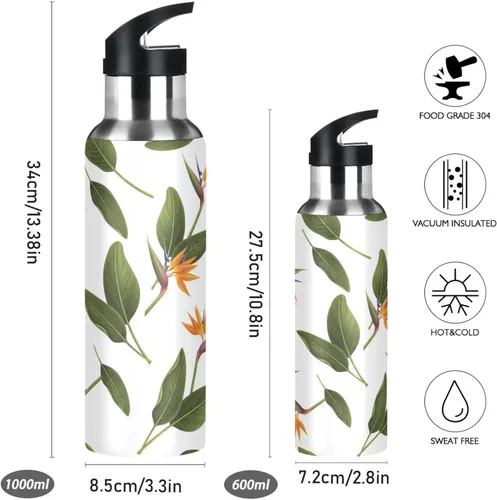 Miniatura 2 de Stainless Steel Vacuum Insulated Water Bottle 20 Oz, BPA-Free Sport Water Bottle for Gym Outdoor Travel School, Orange Flowers Green Leaves