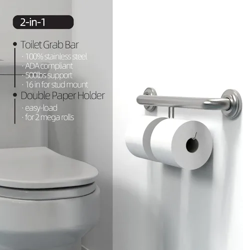 Miniatura 5 de Barra de agarre compatible con ADA con soporte para papel higiénico (2 megarrollos), soporte de peso de 500 libras, 1-1/4 x 16 pulgadas para montaje