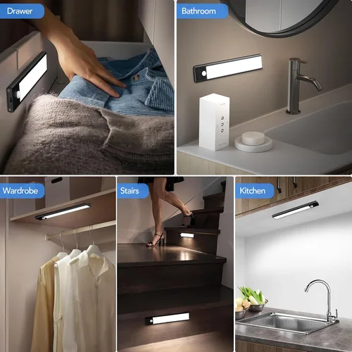 Miniatura 8 de Paquete de 3 luces LED para debajo del gabinete, 32 luces LED de color blanco frío recargables debajo del gabinete, luces LED con sensor de Negro
