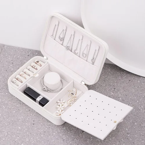 Miniatura 6 de SANQIANWAN Pequeña caja organizadora de viaje de joyería con estuche portátil de piel sintética para collares anillos aretes regalos para novia