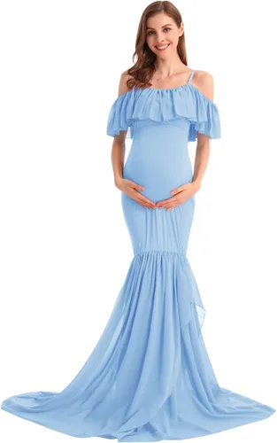 Miniatura 14 de MYRISAM Vestido de maternidad con volantes y hombros descubiertos para mujer, vestido de fiesta de sirena de gasa, vestido ajustado