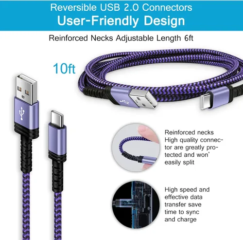 Miniatura 4 de Cable de carga rápida Samsung de 10 pies para Google Pixel 10/10 Pro/10 Pro XL/9a/9 Pro XL Fold/7a/6a/8Pro/8/8a/5/4, Samsung Galaxy S25, cable USB