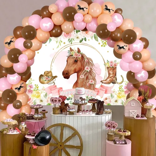 Miniatura 3 de Decoración para fiesta de vaquera occidental, fondo de fotos de caballo de carreras con flores rosas y kit de arco de guirnalda de globos