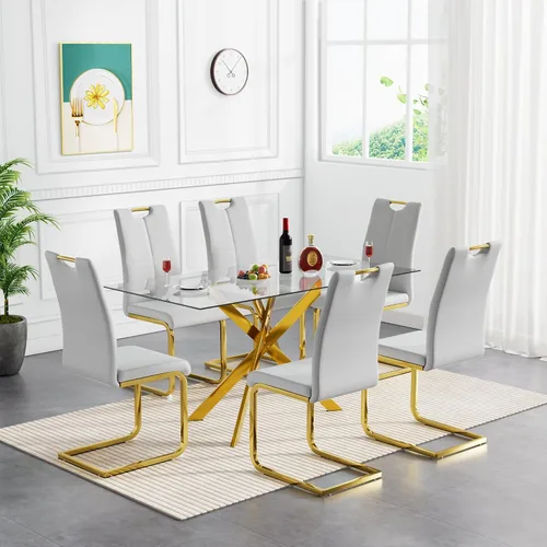 Miniatura 12 de Juego de mesa de comedor de cristal negro de 51 pulgadas para mesa de cocina de 4,5 piezas y sillas con patas de metal y 4 sillas de comedor de piel