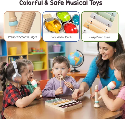 Miniatura 3 de Instrumentos musicales de madera para niños pequeños de 1 a 3 años, juego de percusión Montessori con xilófono, juguetes educativos de música